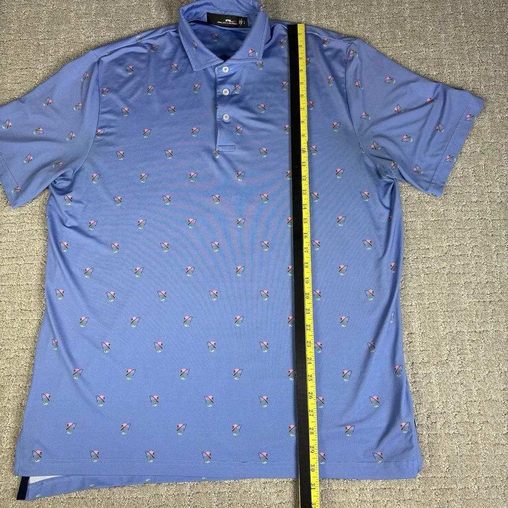 RLX Ralph Lauren Polo Shirt Mens L Blue Golf Flamingo Print Wicking Stretch